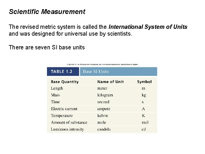 Scientific Measurement The revised metric system is called the International System of Units and