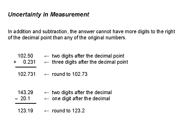 Uncertainty in Measurement In addition and subtraction, the answer cannot have more digits to