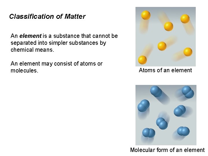 Classification of Matter An element is a substance that cannot be separated into simpler