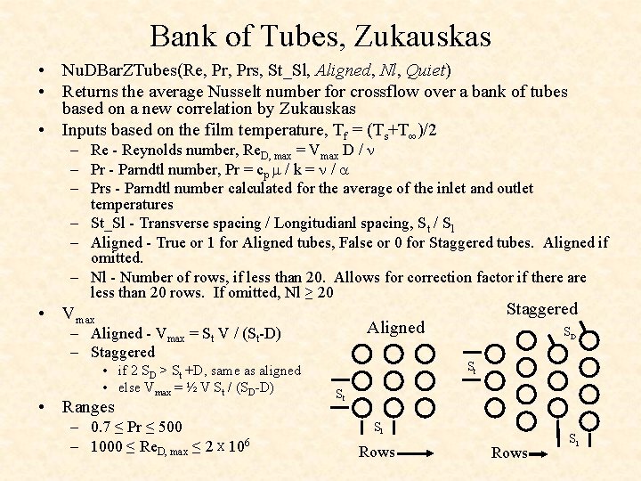 Bank of Tubes, Zukauskas • Nu. DBar. ZTubes(Re, Prs, St_Sl, Aligned, Nl, Quiet) •