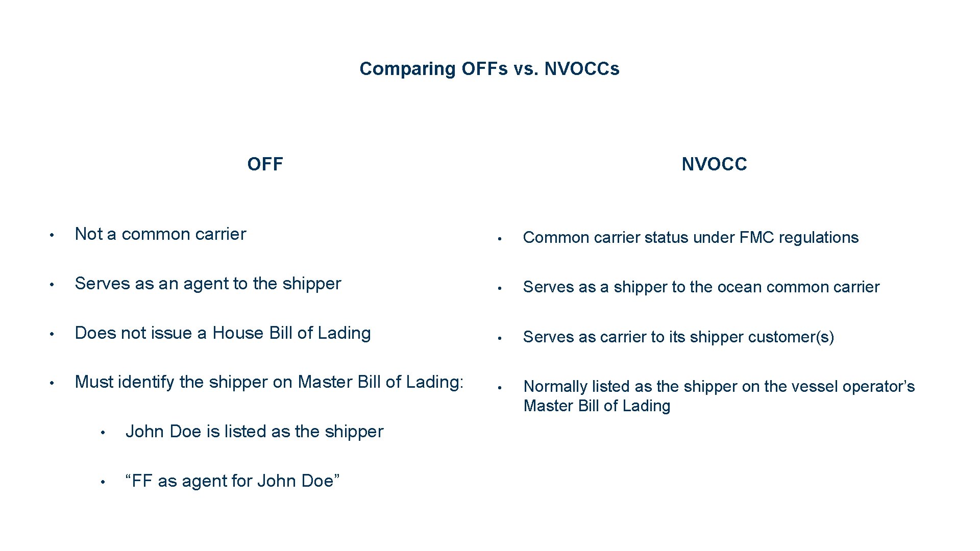 Comparing OFFs vs. NVOCCs OFF NVOCC • Not a common carrier • Common carrier