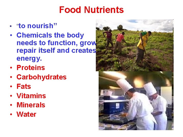 Food Nutrients • “to nourish” • Chemicals the body needs to function, grow, repair