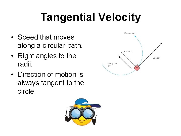 Tangential Velocity • Speed that moves along a circular path. • Right angles to