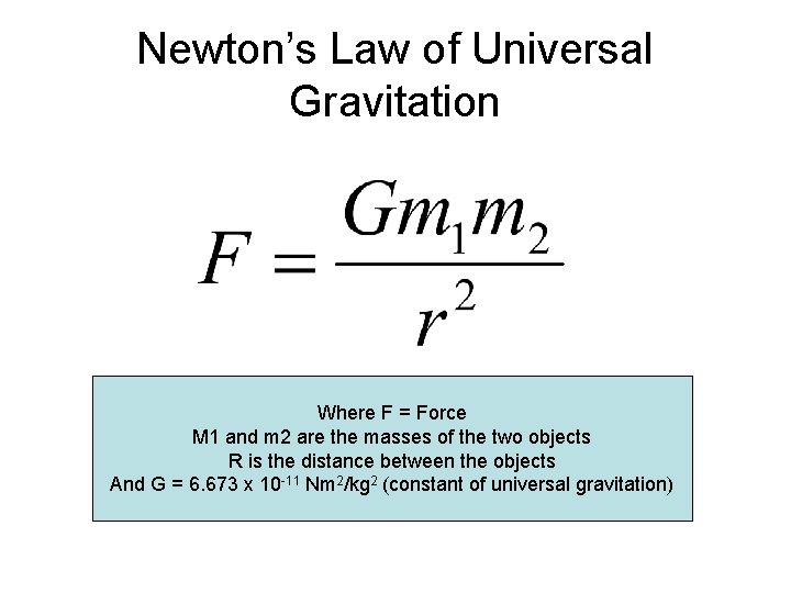 Newton’s Law of Universal Gravitation Where F = Force M 1 and m 2