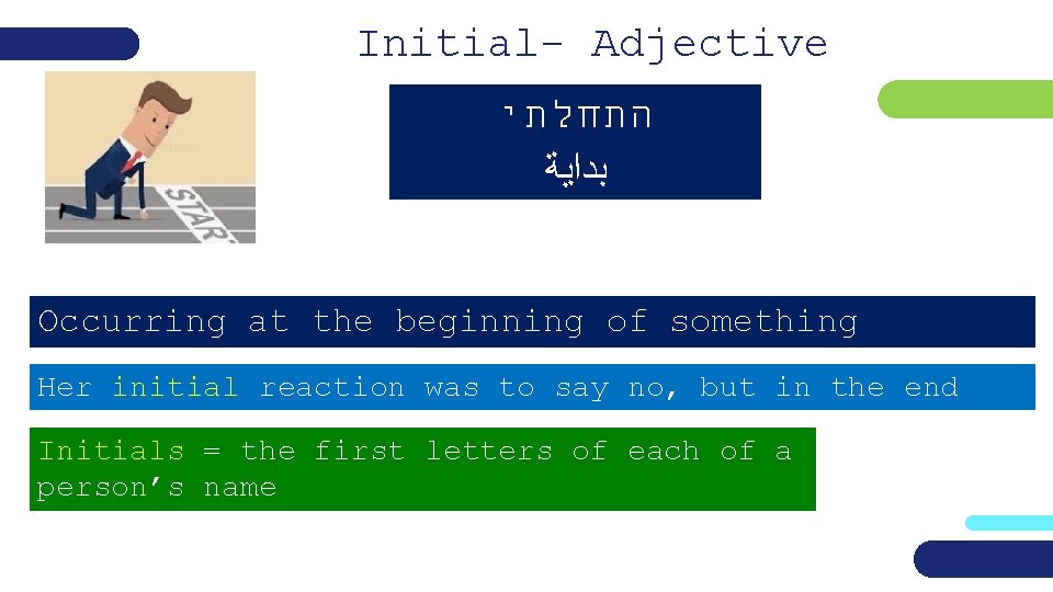 Initial- Adjective התחלתי ﺑﺪﺍﻳﺔ Occurring at the beginning of something Her initial reaction was