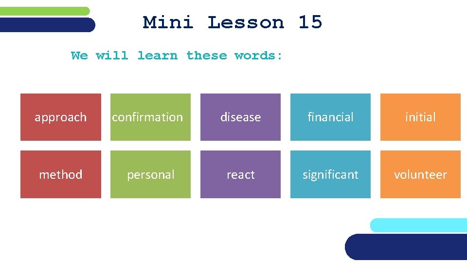 Mini Lesson 15 We will learn these words: approach confirmation disease financial initial method