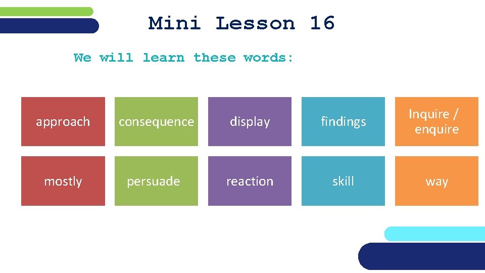 Mini Lesson 16 We will learn these words: approach consequence display findings Inquire /