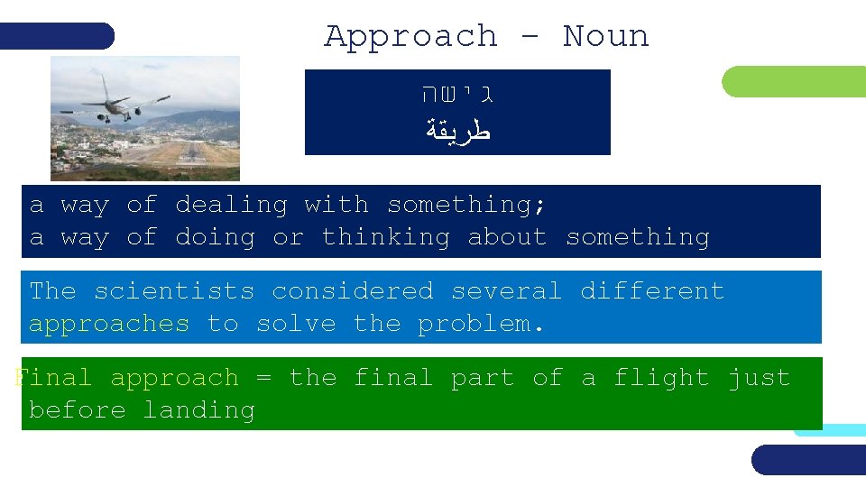 Approach - Noun גישה ﻃﺮﻳﻘﺔ a way of dealing with something; a way of