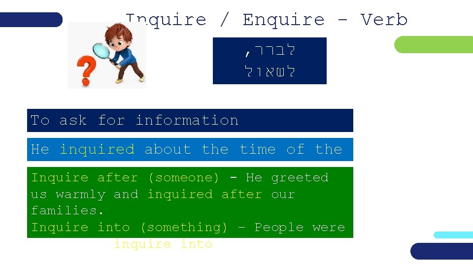 Inquire / Enquire - Verb , לברר לשאול ﻳﺘﺴﺎﺀﻝ To ask for information He