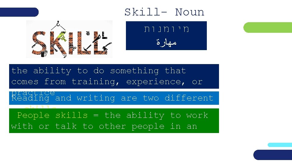 Skill- Noun מיומנות ﻣﻬﺎﺭﺓ the ability to do something that comes from training, experience,
