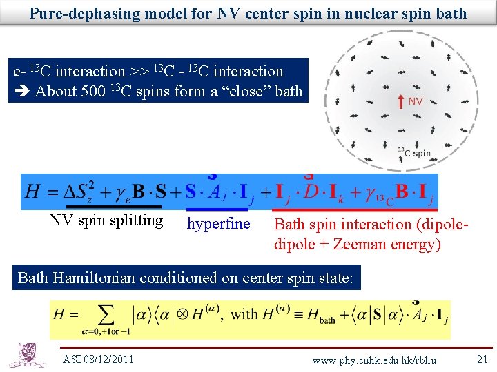 Pure-dephasing model for NV center spin in nuclear spin bath e- 13 C interaction