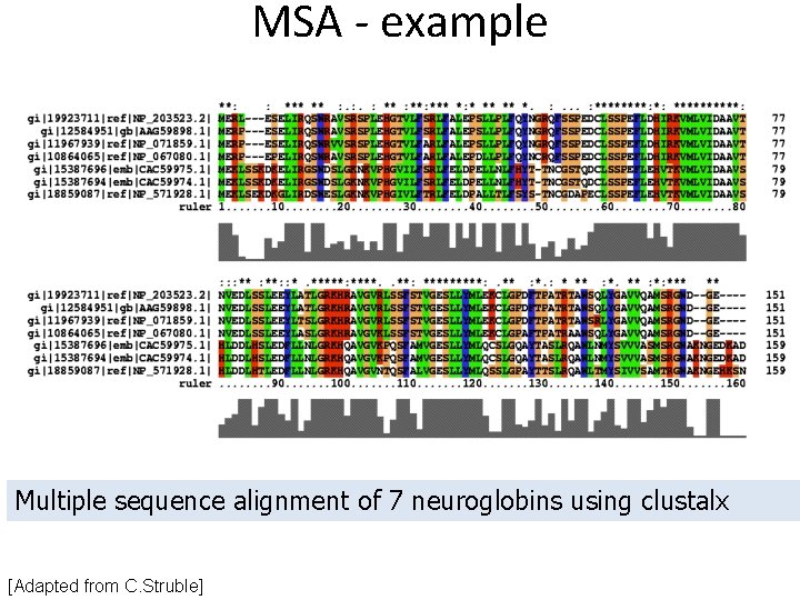 MSA - example Multiple sequence alignment of 7 neuroglobins using clustalx [Adapted from C. MSA - example Multiple sequence alignment of 7 neuroglobins using clustalx [Adapted from C.