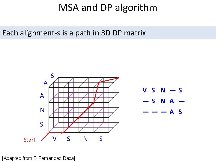 MSA and DP algorithm Each alignment-s is a path in 3 D DP matrix MSA and DP algorithm Each alignment-s is a path in 3 D DP matrix