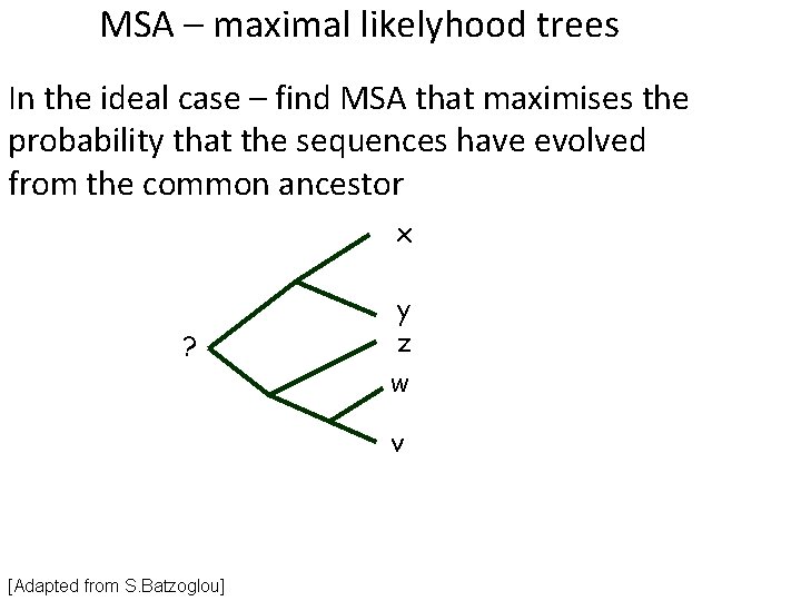 MSA – maximal likelyhood trees In the ideal case – find MSA that maximises MSA – maximal likelyhood trees In the ideal case – find MSA that maximises