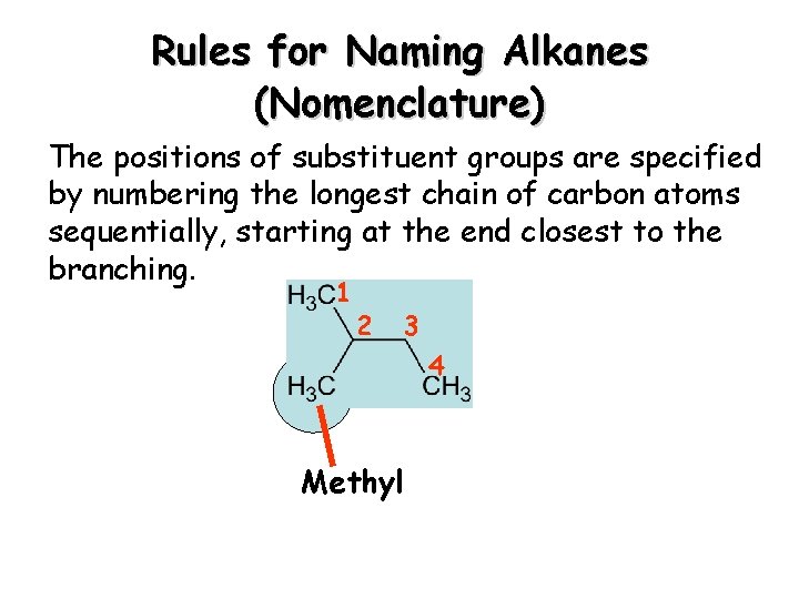 Rules for Naming Alkanes (Nomenclature) The positions of substituent groups are specified by numbering