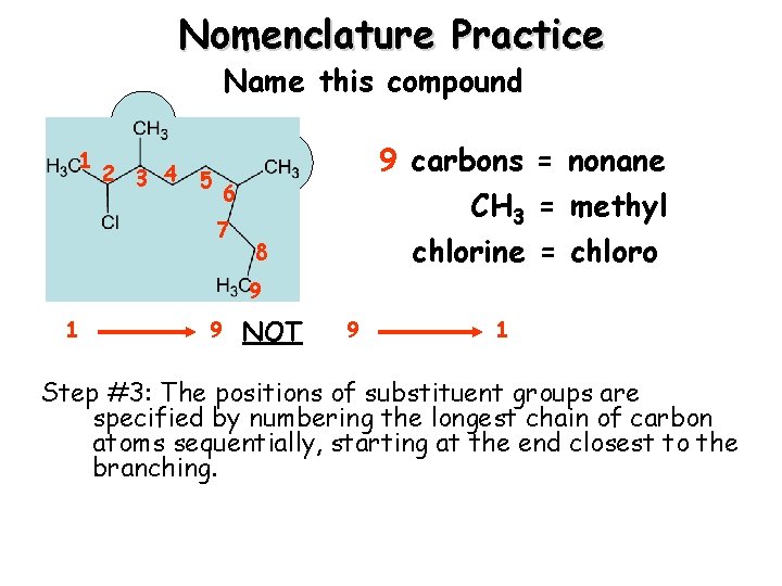 Nomenclature Practice Name this compound 1 2 3 4 5 9 carbons = nonane