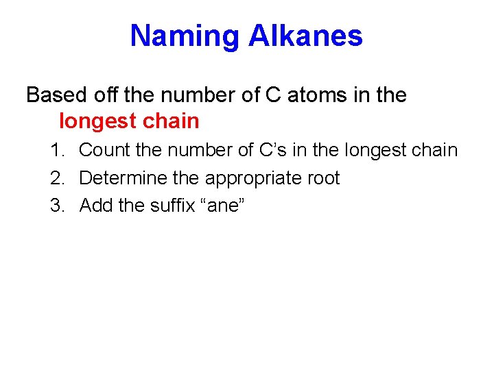 Naming Alkanes Based off the number of C atoms in the longest chain 1.