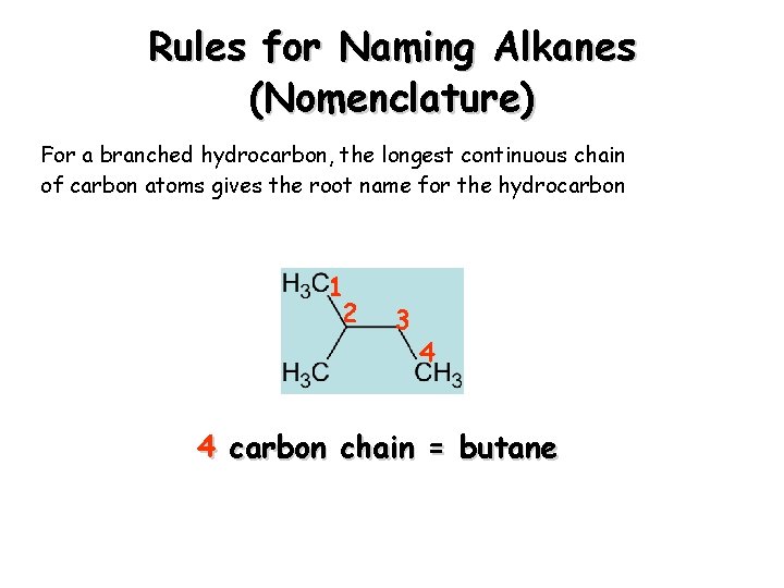 Rules for Naming Alkanes (Nomenclature) For a branched hydrocarbon, the longest continuous chain of