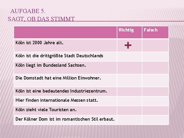 AUFGABE 5. SAGT, OB DAS STIMMT Richtig Köln ist 2000 Jahre alt. Köln ist