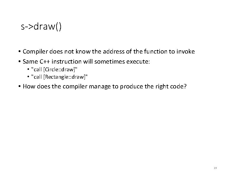 s->draw() • Compiler does not know the address of the function to invoke • s->draw() • Compiler does not know the address of the function to invoke •