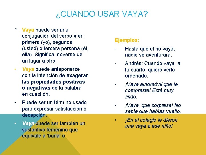 ¿CUANDO USAR VAYA? * • • • Vaya puede ser una conjugación del verbo