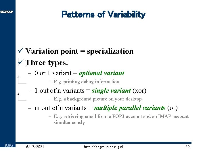 Patterns of Variability SEGROUP ü Variation point = specialization ü Three types: – 0