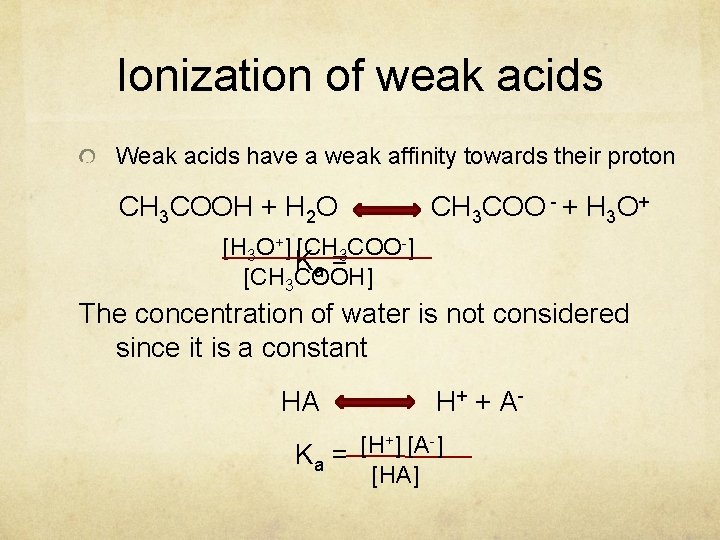 Ionization of weak acids Weak acids have a weak affinity towards their proton CH