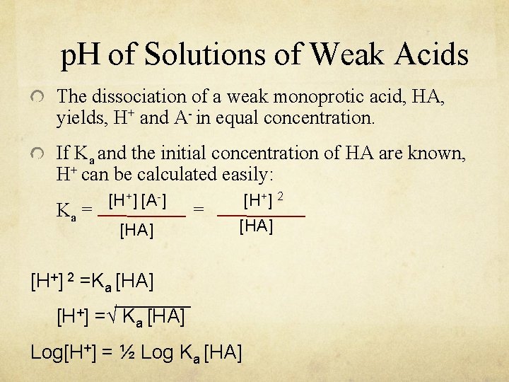 p. H of Solutions of Weak Acids The dissociation of a weak monoprotic acid,