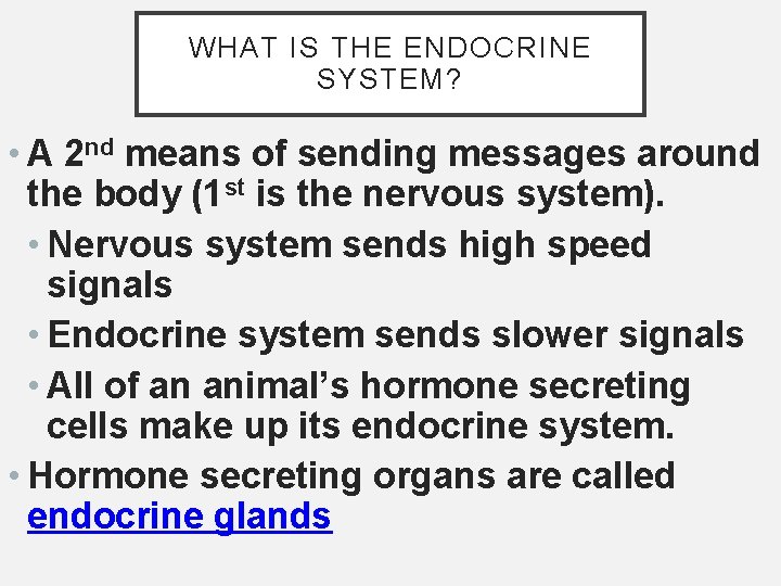 WHAT IS THE ENDOCRINE SYSTEM? • A 2 nd means of sending messages around