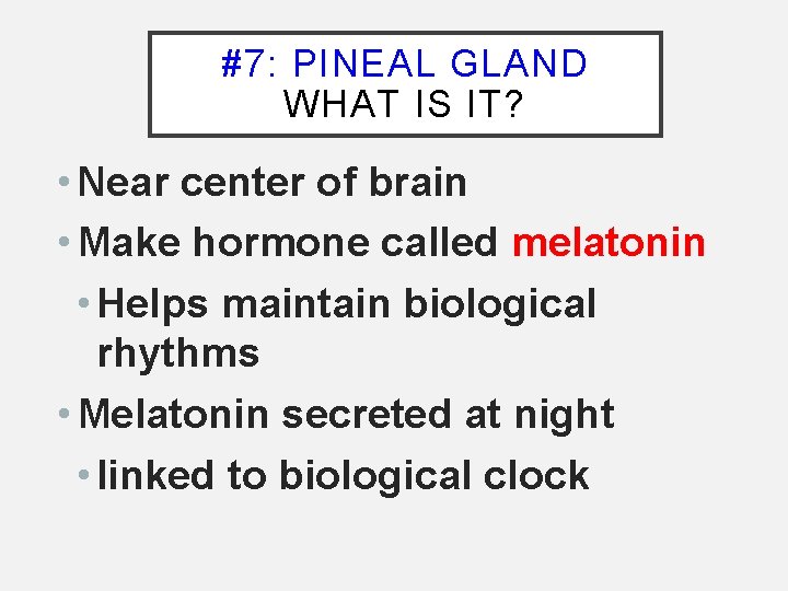 #7: PINEAL GLAND WHAT IS IT? • Near center of brain • Make hormone