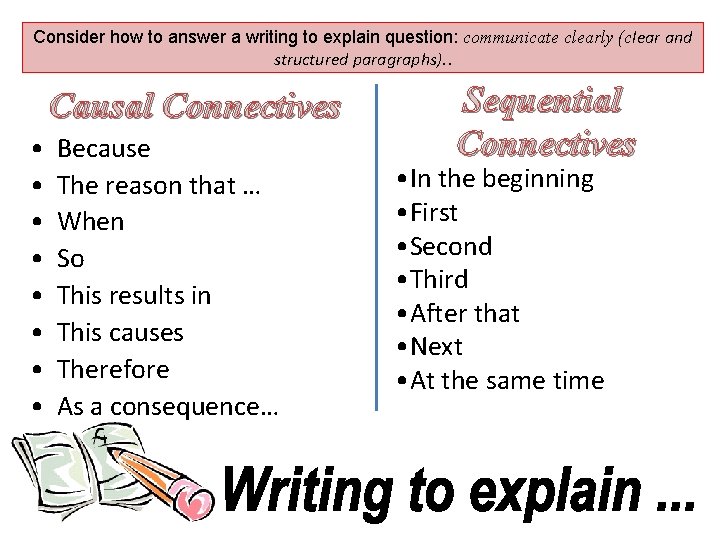 Consider how to answer a writing to explain question: communicate clearly (clear and structured