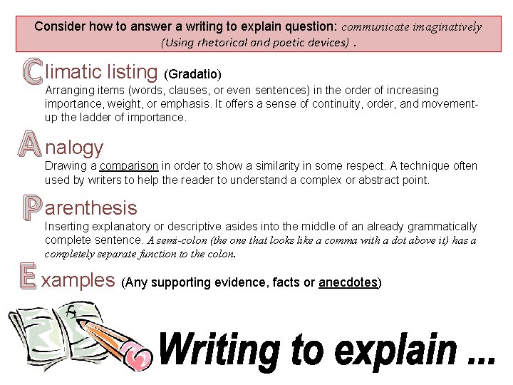 Consider how to answer a writing to explain question: communicate imaginatively (Using rhetorical and