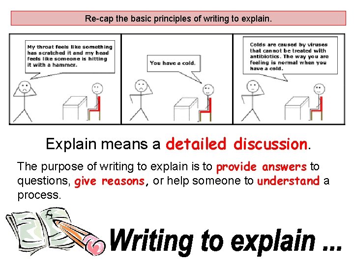 Re-cap the basic principles of writing to explain. Explain means a detailed discussion The