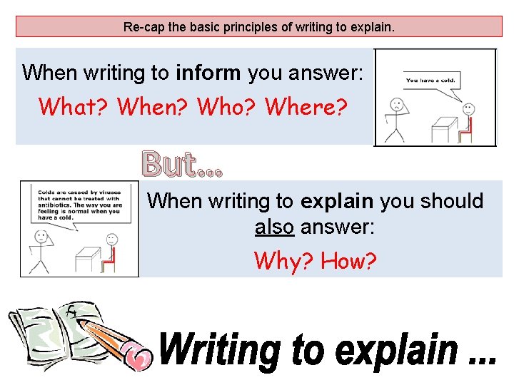 Re-cap the basic principles of writing to explain. When writing to inform you answer: