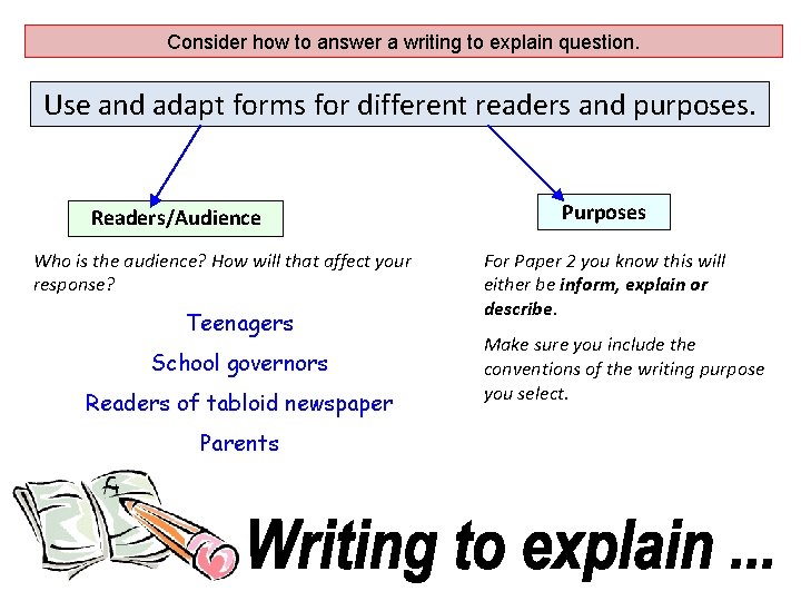 Consider how to answer a writing to explain question. Use and adapt forms for