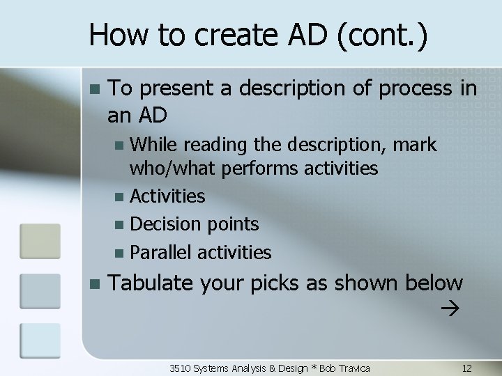 How to create AD (cont. ) n To present a description of process in