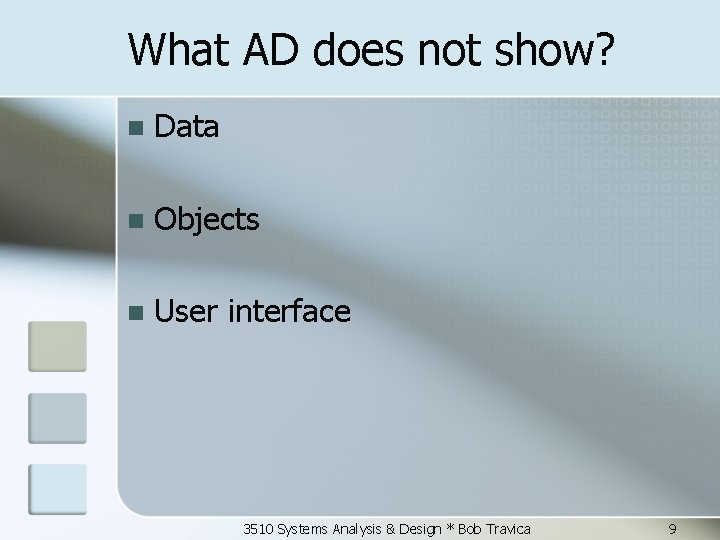 What AD does not show? n Data n Objects n User interface 3510 Systems