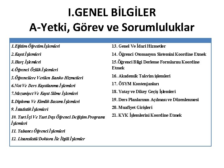 I. GENEL BİLGİLER A-Yetki, Görev ve Sorumluluklar 1. Eğitim-Öğretim İşlemleri 13. Genel Ve İdari