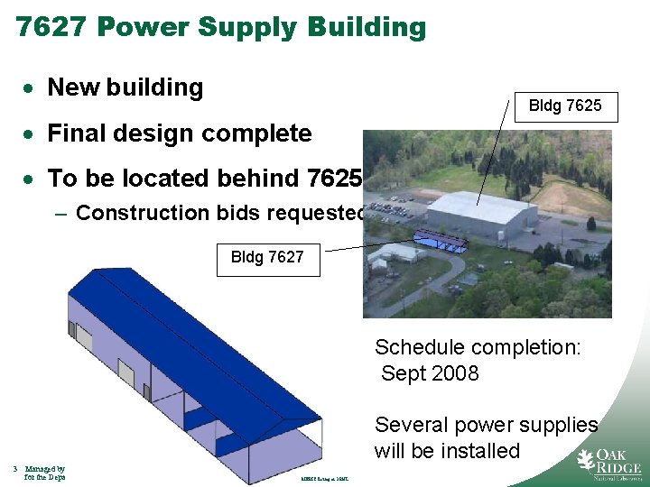 7627 Power Supply Building · New building Bldg 7625 · Final design complete ·