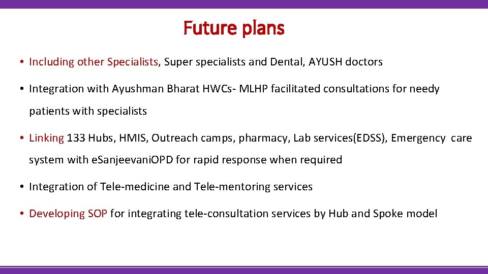 Future plans • Including other Specialists, Super specialists and Dental, AYUSH doctors • Integration