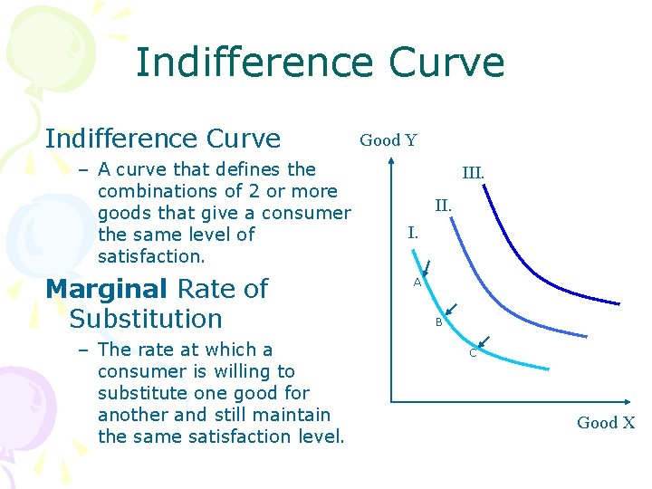 Indifference Curve – A curve that defines the combinations of 2 or more goods