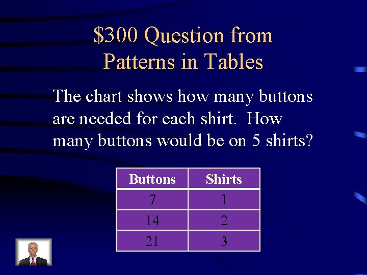 $300 Question from Patterns in Tables The chart shows how many buttons are needed