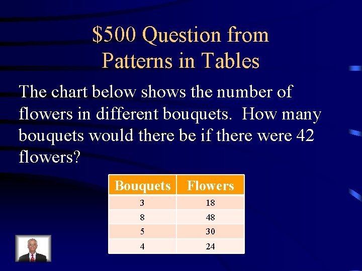 $500 Question from Patterns in Tables The chart below shows the number of flowers
