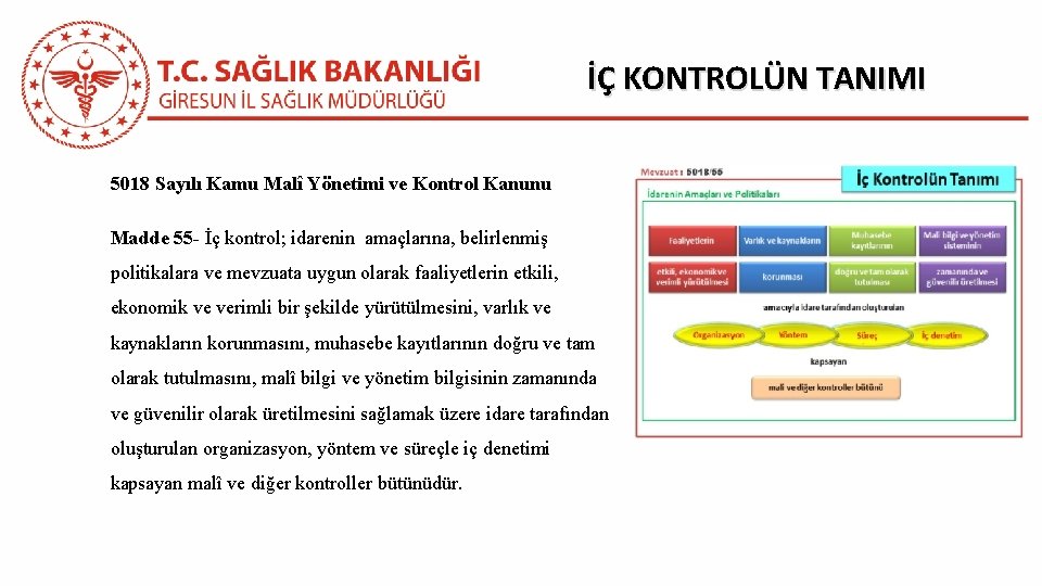 İÇ KONTROLÜN TANIMI 5018 Sayılı Kamu Malî Yönetimi ve Kontrol Kanunu Madde 55 -