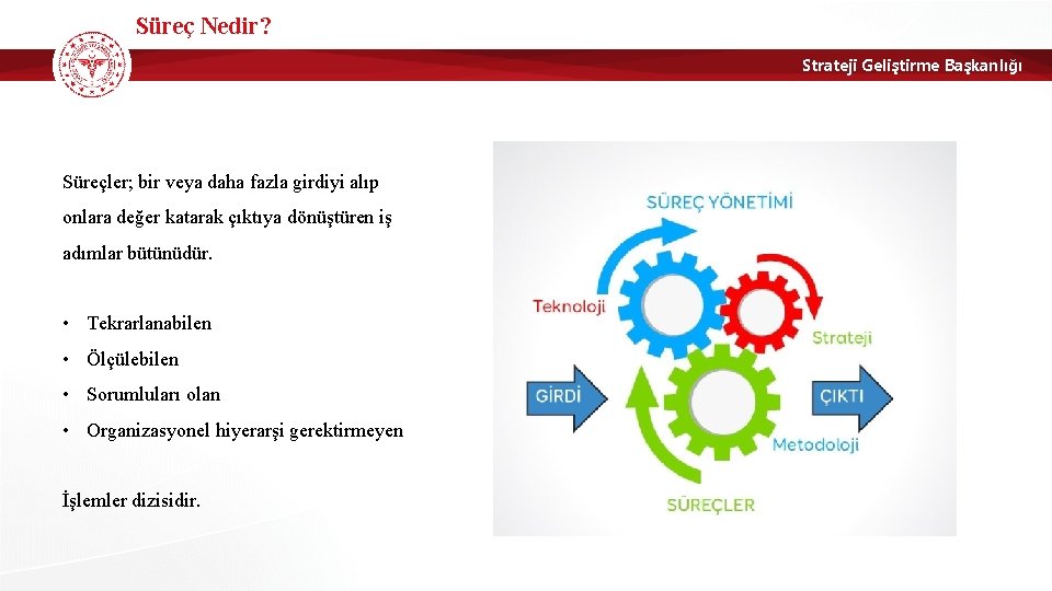 Süreç Nedir? Strateji Geliştirme Başkanlığı Süreçler; bir veya daha fazla girdiyi alıp onlara değer