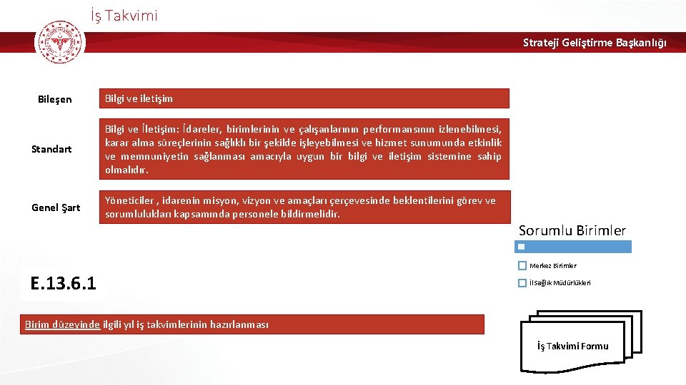 İş Takvimi Strateji Geliştirme Başkanlığı Bileşen Bilgi ve iletişim Standart Bilgi ve İletişim: İdareler,