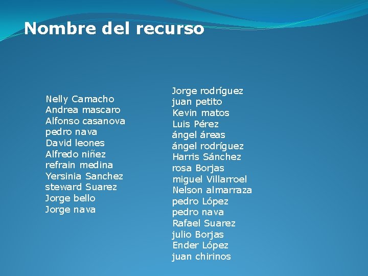 Nombre del recurso Nelly Camacho Andrea mascaro Alfonso casanova pedro nava David leones Alfredo