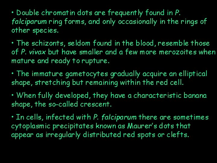 • Double chromatin dots are frequently found in P. falciparum ring forms, and  • Double chromatin dots are frequently found in P. falciparum ring forms, and