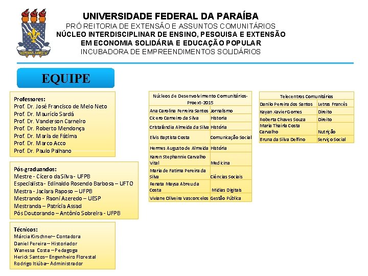 UNIVERSIDADE FEDERAL DA PARAÍBA PRÓ REITORIA DE EXTENSÃO E ASSUNTOS COMUNITÁRIOS NÚCLEO INTERDISCIPLINAR DE