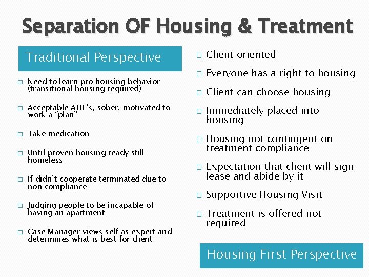 Separation OF Housing & Treatment Traditional Perspective � � � � Need to learn